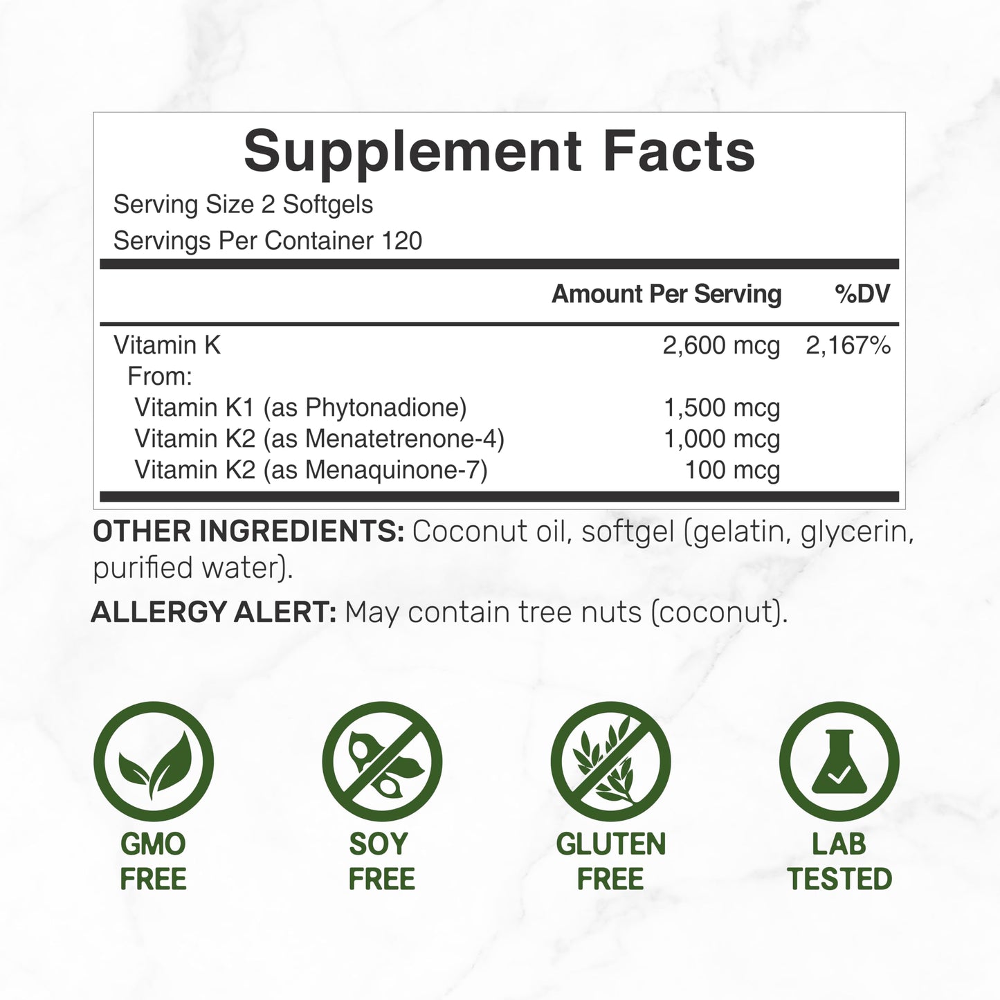 DEAL SUPPLEMENT Vitamin K Complete - 240 Coconut Oil Softgels | High Potency K1, MK-7, MK-4 | Non-GMO
