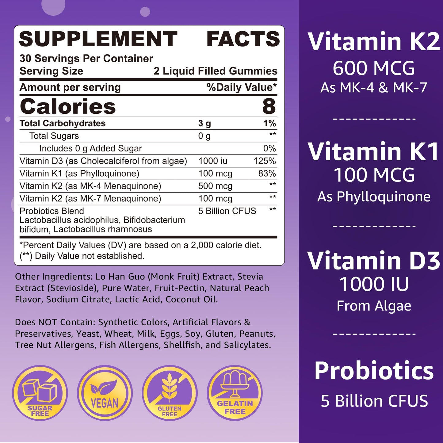 Vitamin K Complex Gummies with D3 (K2 MK7/MK4, K1) – 60 Gummies | Bone Support