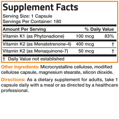 Vitamin K Triple Play: K1, K2 MK4 & MK7 – 180 Capsules