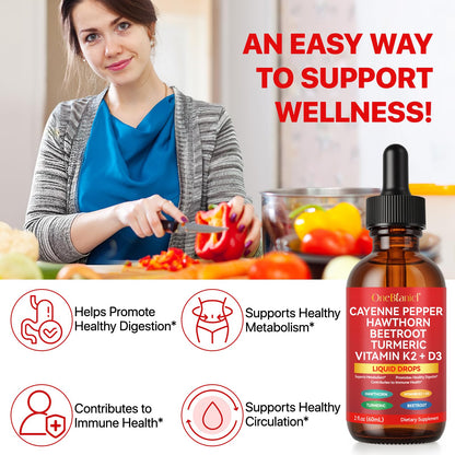 Cayenne Pepper Drops Liquid Supplement with Organic Extract, Hawthorn Berry, Beet Root Powder, Vitamin K2 & D3, Ceylon Cinnamon
