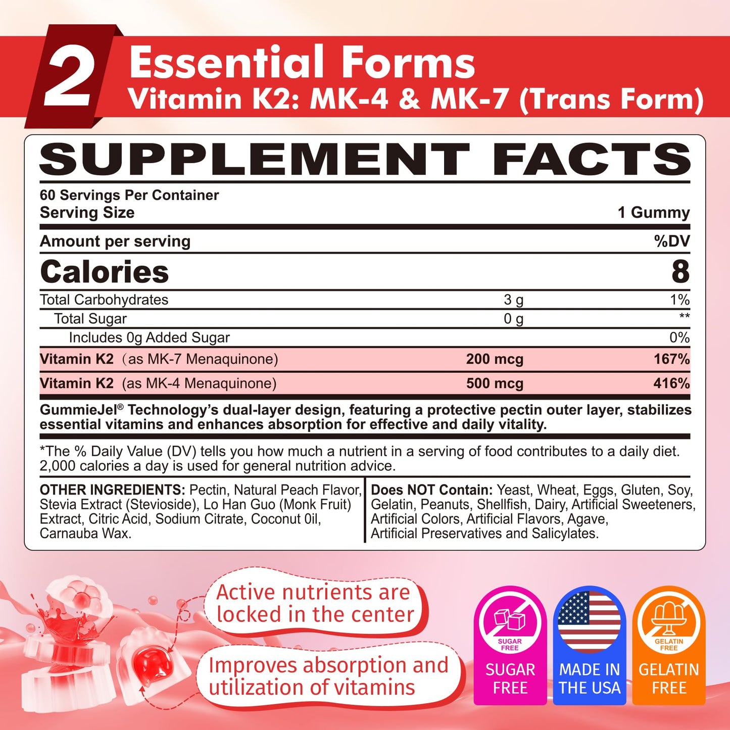 Vitamin K2 Gummies MK-7 & MK-4 – Sugar Free, 2-in-1 Full Spectrum K2