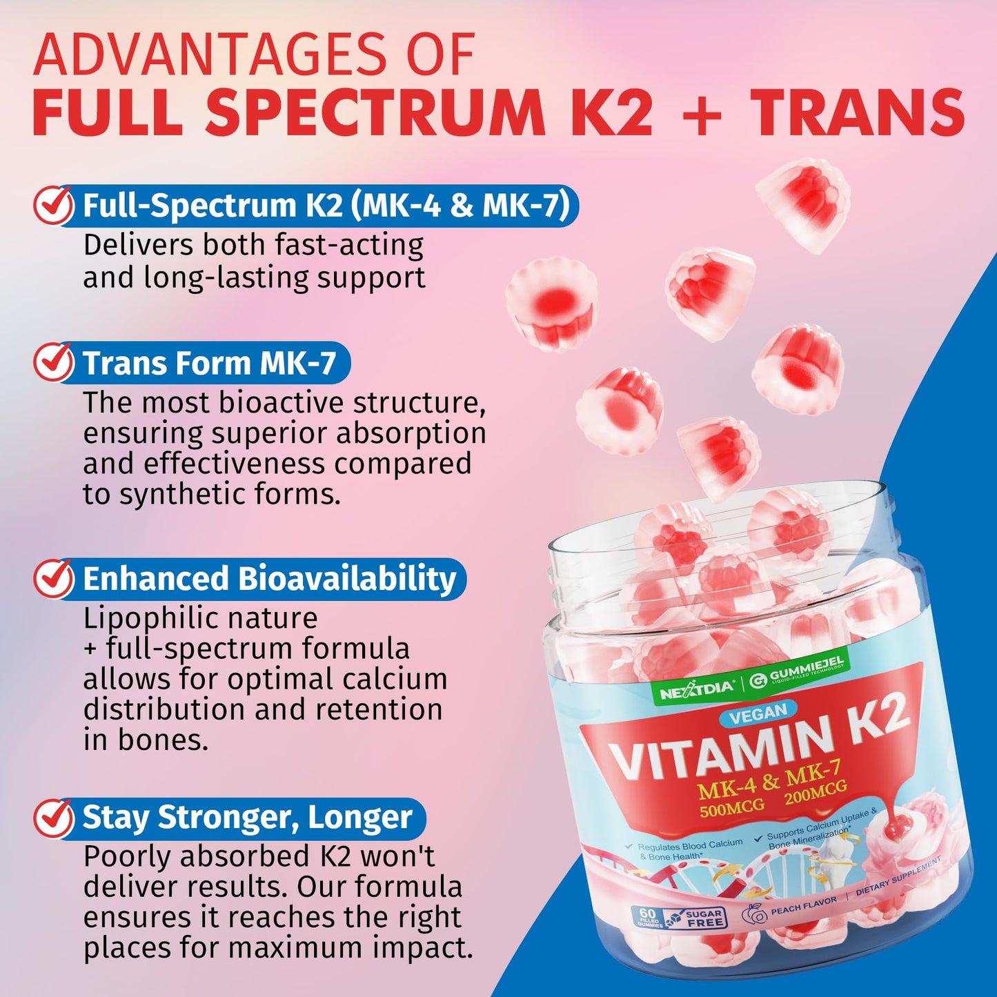 Vitamin K2 Gummies MK-7 & MK-4 – Sugar Free, 2-in-1 Full Spectrum K2