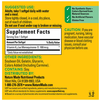Nature Made Vitamin K2 100 mcg MK-7 Softgels – 30 Day Bone Health Supplement | USP Verified