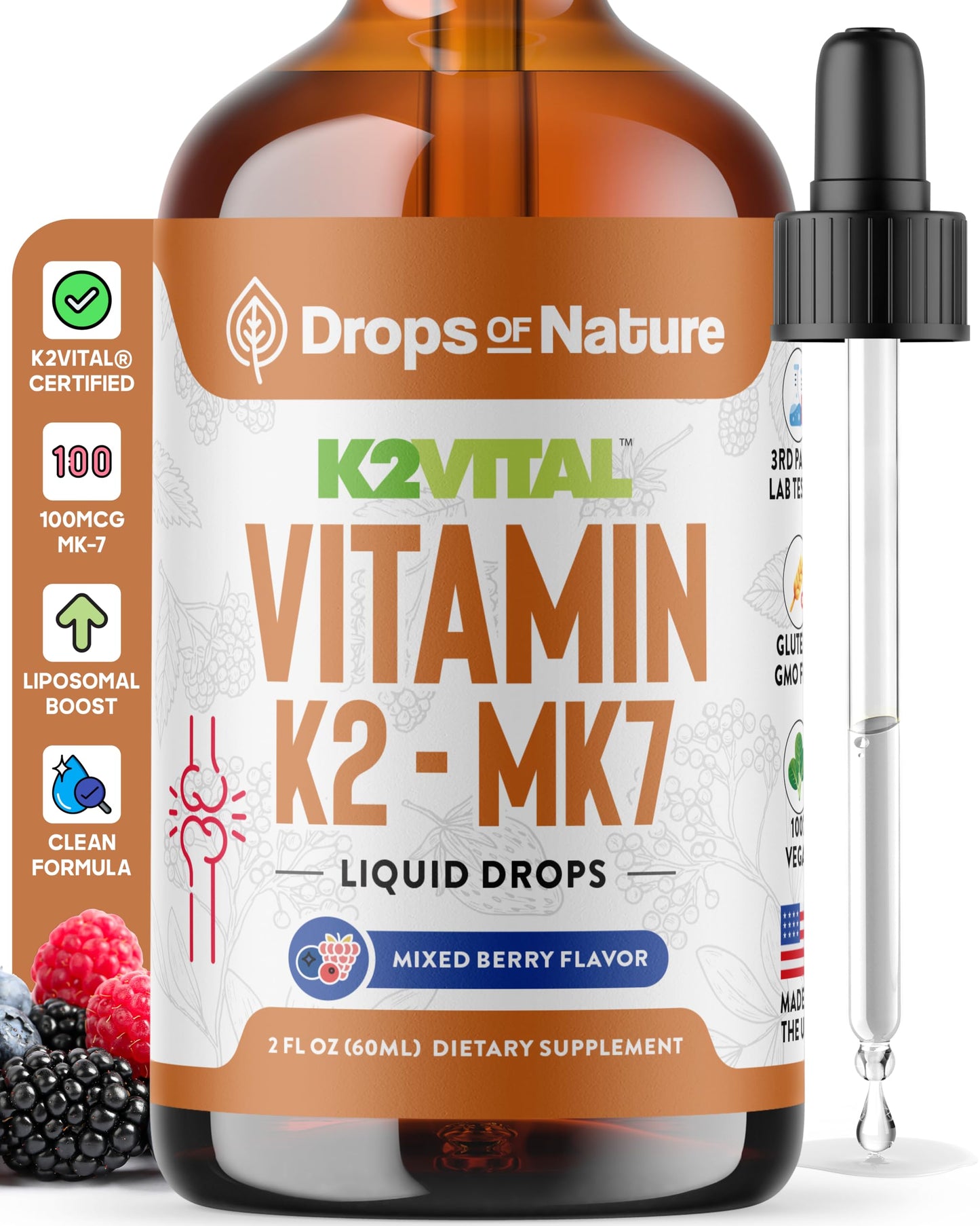 Vitamin K2 MK7 Liquid – 100 mcg, Vegan & Non-GMO, 60ml Berry Flavor | Bone & Cardiovascular Support