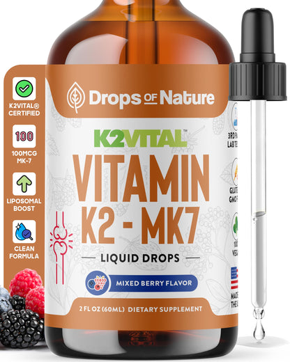 Vitamin K2 MK7 Liquid – 100 mcg, Vegan & Non-GMO, 60ml Berry Flavor | Bone & Cardiovascular Support