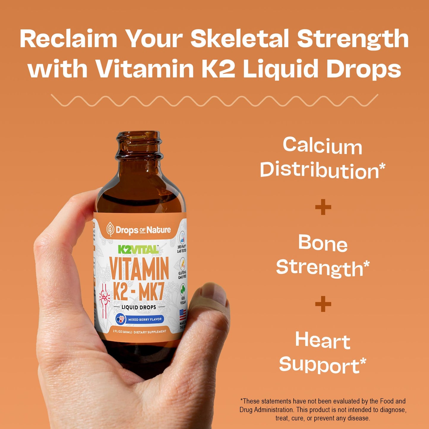 Vitamin K2 MK7 Liquid – 100 mcg, Vegan & Non-GMO, 60ml Berry Flavor | Bone & Cardiovascular Support