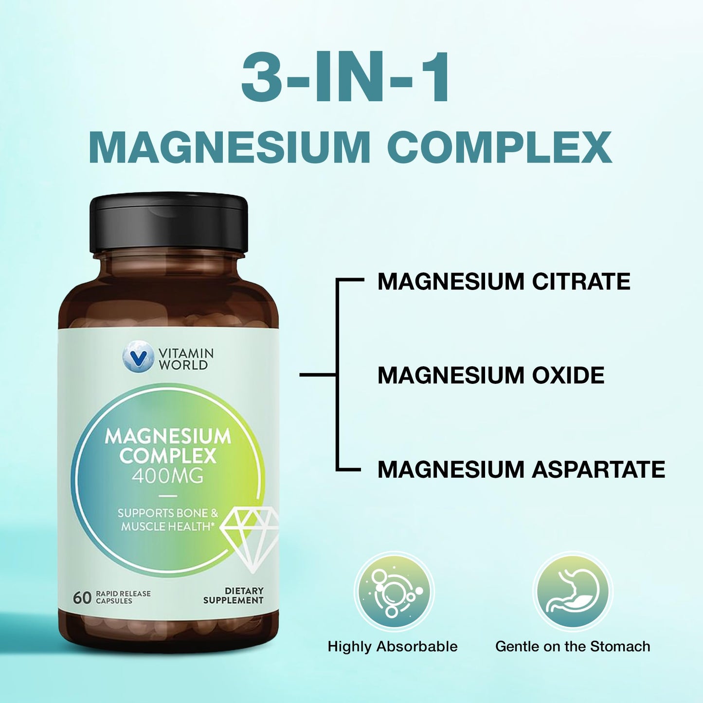 Vitamin World Magnesium Complex 400mg - 3-in-1 Magnesium (Citrate, Oxide & Aspartate) for Bone, Muscle & Nerve Support | 60 Capsules