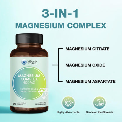 Vitamin World Magnesium Complex 400mg - 3-in-1 Magnesium (Citrate, Oxide & Aspartate) for Bone, Muscle & Nerve Support | 60 Capsules