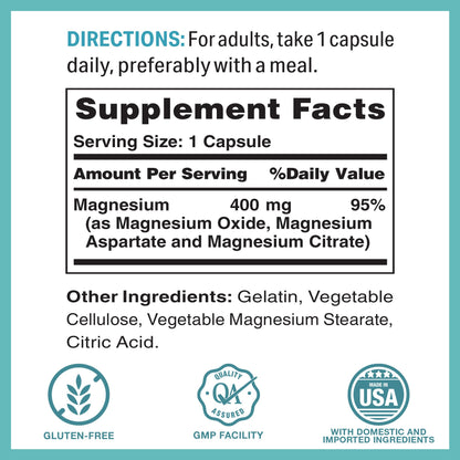 Vitamin World Magnesium Complex 400mg - 3-in-1 Magnesium (Citrate, Oxide & Aspartate) for Bone, Muscle & Nerve Support | 60 Capsules