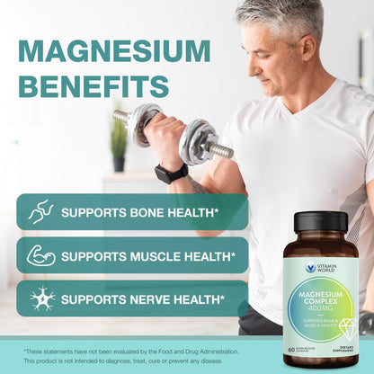 Vitamin World Magnesium Complex 400mg - 3-in-1 Magnesium (Citrate, Oxide & Aspartate) for Bone, Muscle & Nerve Support | 60 Capsules