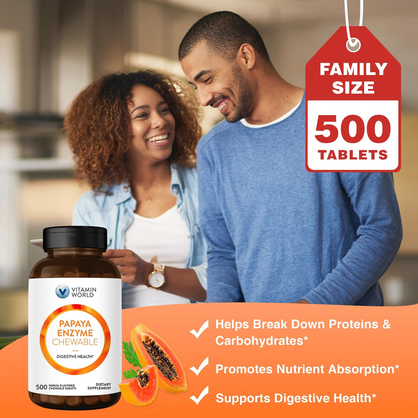 Vitamin World Papaya Enzymes Chewables – Papain, Amylase & Protease (500 Tablets)
