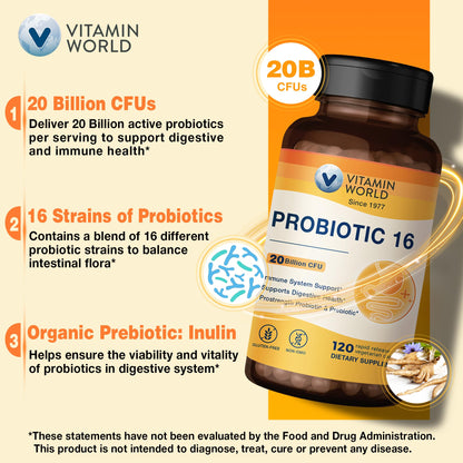 Vitamin World Probiotic 16 – 20B CFU, 16 Strains, Prebiotic Fiber