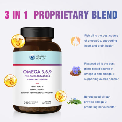 Vitamin World Triple Omega 3-6-9 3600mg with EPA & DHA – 240 Softgels, Gluten Free
