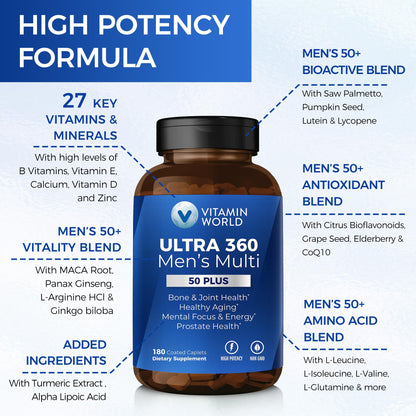 Vitamin World Ultra 360 Men 50+ Multivitamin – 180 Caplets | Prostate Support & Healthy Aging