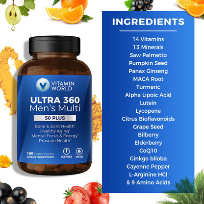 Vitamin World Ultra 360 Men 50+ Multivitamin – 180 Caplets | Prostate Support & Healthy Aging