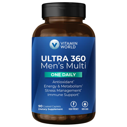 Vitamin World Ultra 360 Men’s Multivitamin One Daily — Immune Support, Energy & Prostate Health, 90 Caplets