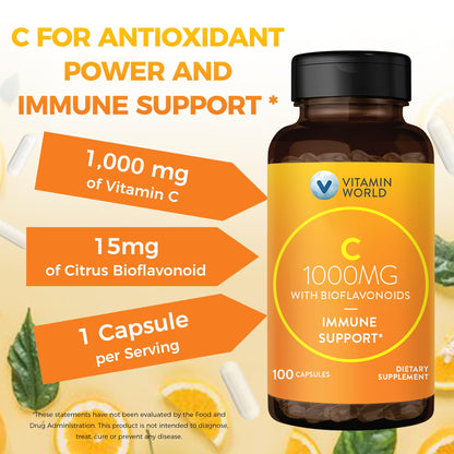 Vitamin World Vitamin C 1000 mg with Bioflavonoids | Immune Support & Antioxidant Protection - 100 Capsules