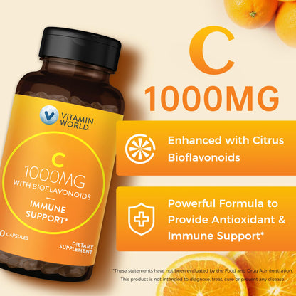 Vitamin World Vitamin C 1000 mg with Bioflavonoids | Immune Support & Antioxidant Protection - 100 Capsules