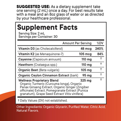 Cayenne Pepper Liquid Drops with Hawthorn Berry, D3 K2 - 4oz