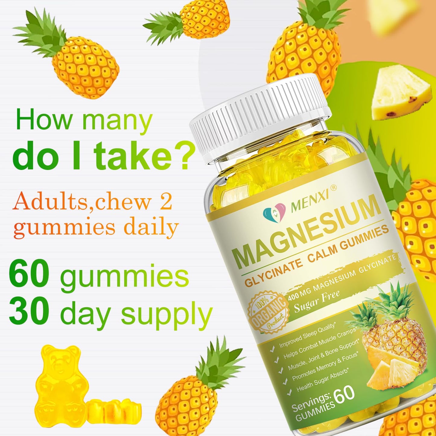 Magnesium Glycinate Gummies 400mg + Taurate, Sugar Free Pineapple - 60 Gummies with Vitamin D, B6, CoQ10 | Sleep & Relaxation