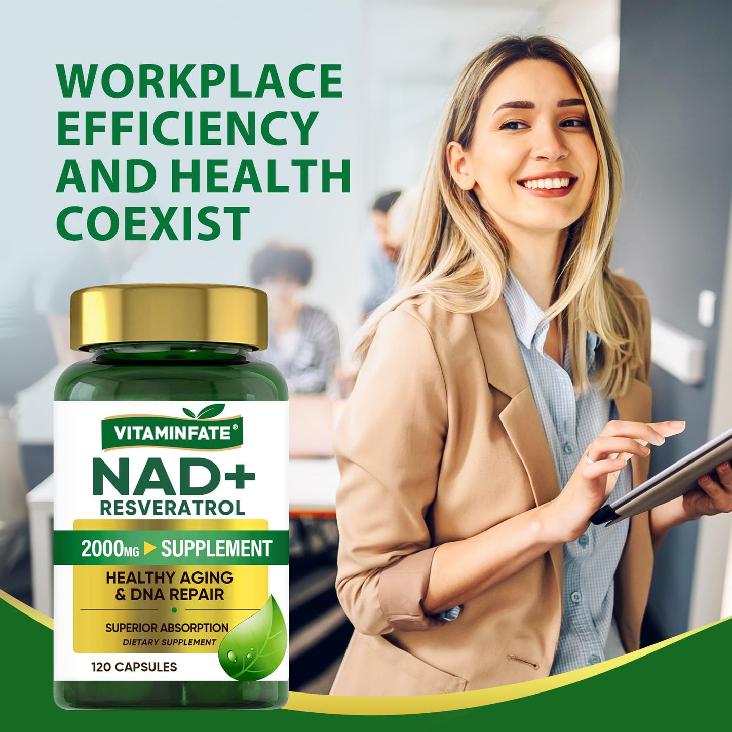 VITAMINFATE NAD+ Supplement 2000 mg – 120 Capsules | NAD+ + Resveratrol