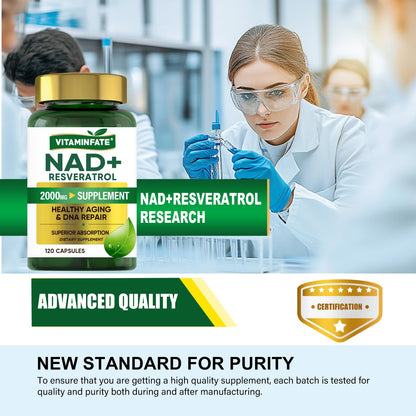 VITAMINFATE NAD+ Supplement 2000 mg – 120 Capsules | NAD+ + Resveratrol
