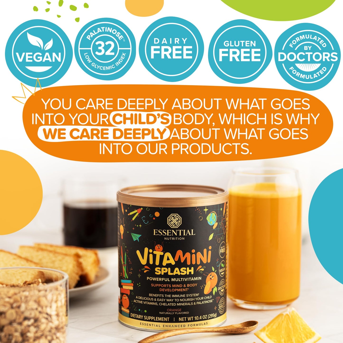 Essential Nutrition Vitamini Splash - Kids Multivitamin Powder (10.4 oz) - 13 Active Vitamins & 6 Chelated Minerals - Vegan