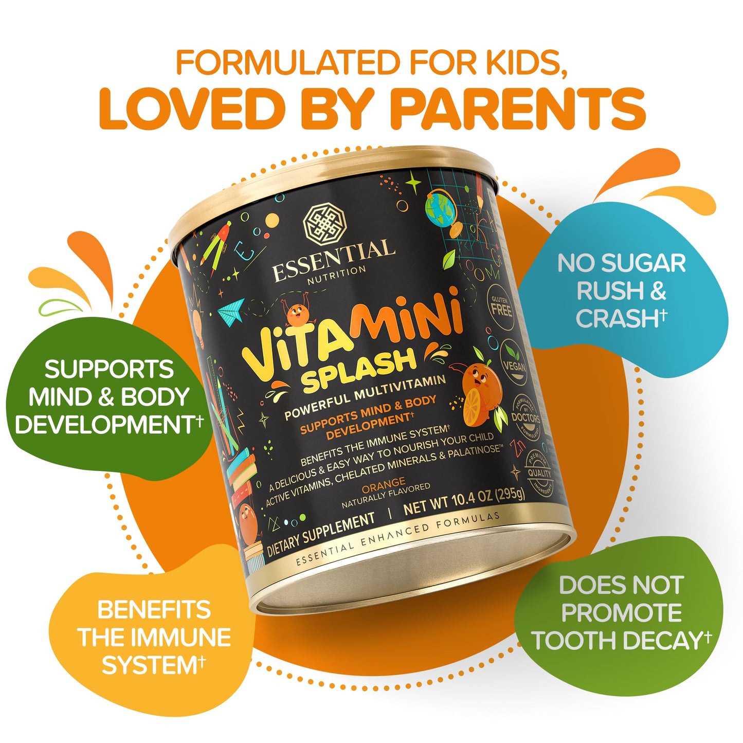 Essential Nutrition Vitamini Splash - Kids Multivitamin Powder (10.4 oz) - 13 Active Vitamins & 6 Chelated Minerals - Vegan