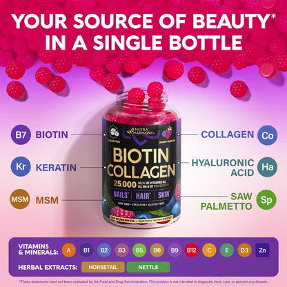 Biotin Gummies with Collagen 10,000 mcg – Hair, Skin & Nails Support (Sugar-Free, Mixed Berry) 60 Gummies