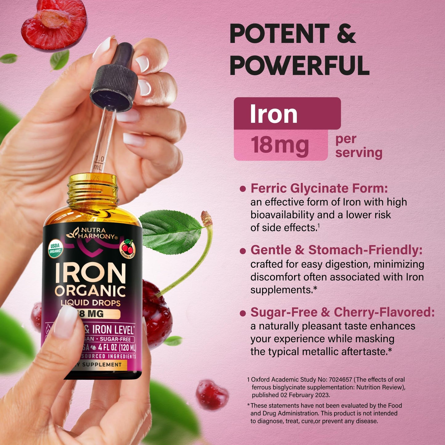 Liquid Iron Drops for Women 18 mg – USDA Organic, USA-Made, Cherry Flavor