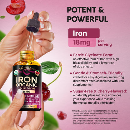 Liquid Iron Drops for Women 18 mg – USDA Organic, USA-Made, Cherry Flavor