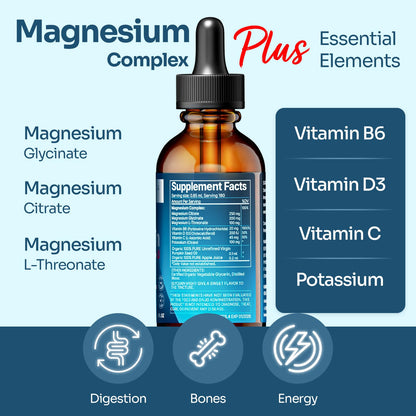 Triple Complex Magnesium Liquid Drops 4 oz – High-Absorption Mg Citrate, Glycinate & L-Threonate with B6, D & C