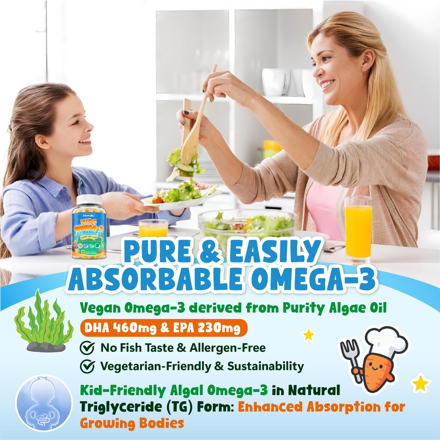 Kids Omega-3 Gummies - Algae DHA/EPA, D3, B12, Calcium, Zinc | Sugar-Free