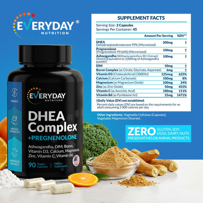 DHEA Micronized 200mg & Pregnenolone 100mg Complex – Hormone Support, USA Made, 90 Capsules