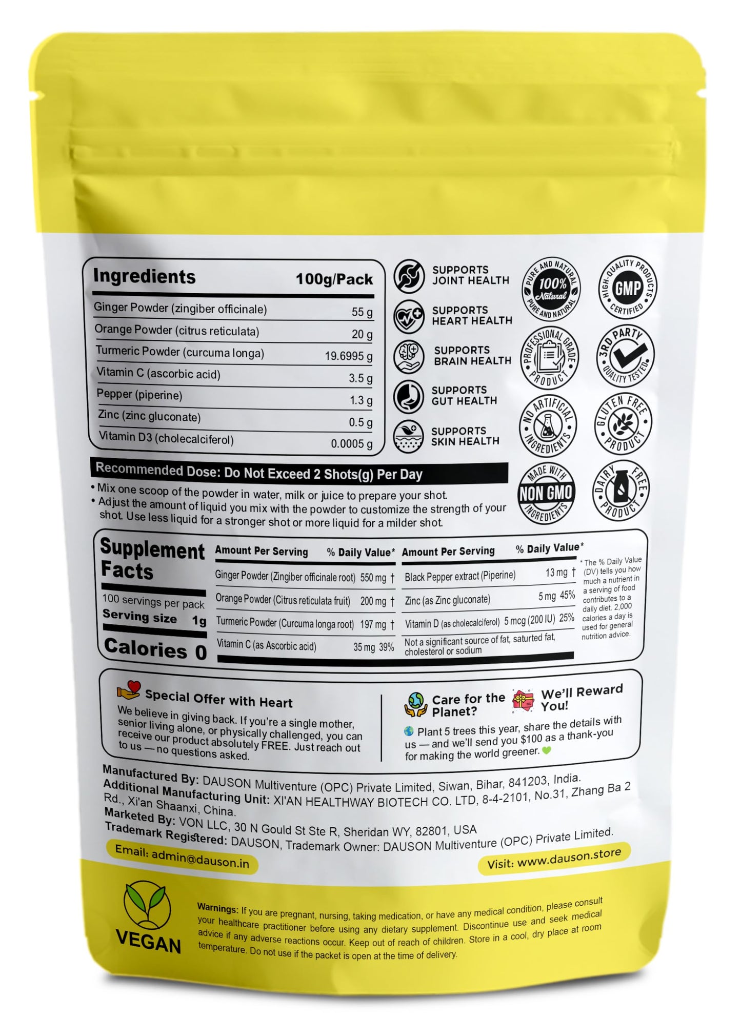 Ginger Turmeric Powder with Piperine, Vitamin C, Vitamin D3 & Zinc – 100 Servings