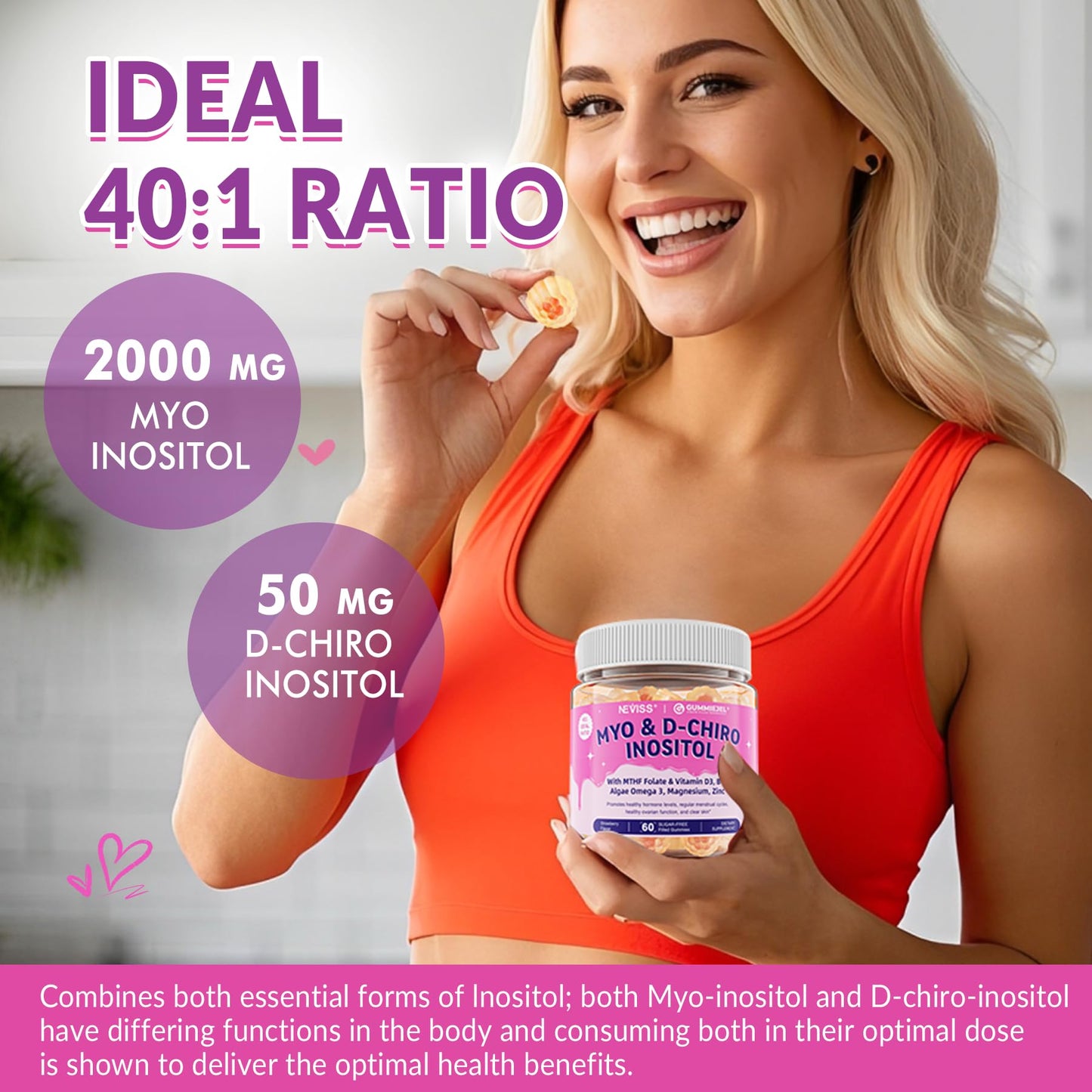 Myo-Inositol & D-Chiro Inositol Gummies for Hormone Balance – Sugar Free, 40:1 Ratio, Vegan, Ovarian Health (60 Cts)