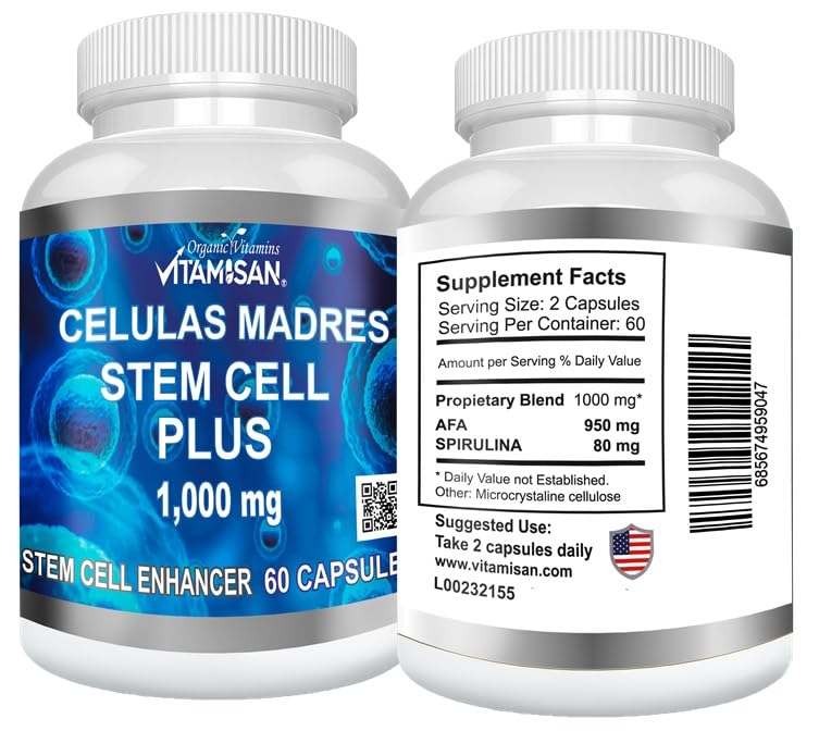 VITAMISAN Celulas Madres 60 Capsules 1000 mg AFA Blue-Green Algae Stem Cell - Pack of 2