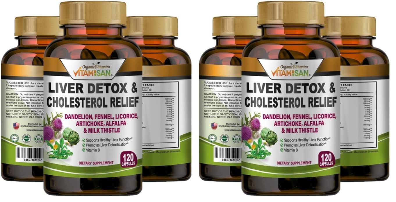VITAMISAN Liver Cleanse Detox Supplements – Milk Thistle, Dandelion, Artichoke (Pack of 2, 120 Caps Each)