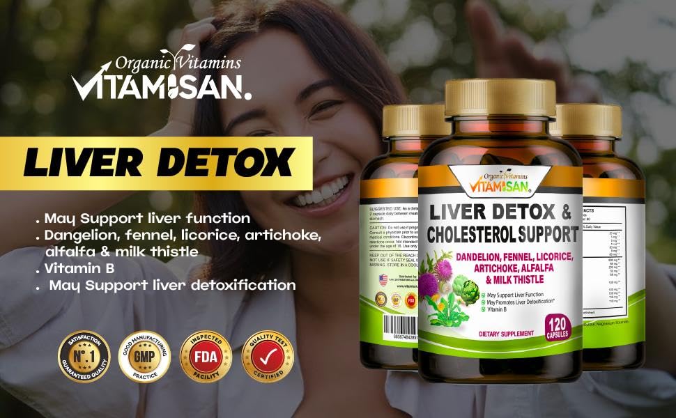 VITAMISAN Liver Cleanse Detox Supplements – Milk Thistle, Dandelion, Artichoke (Pack of 2, 120 Caps Each)