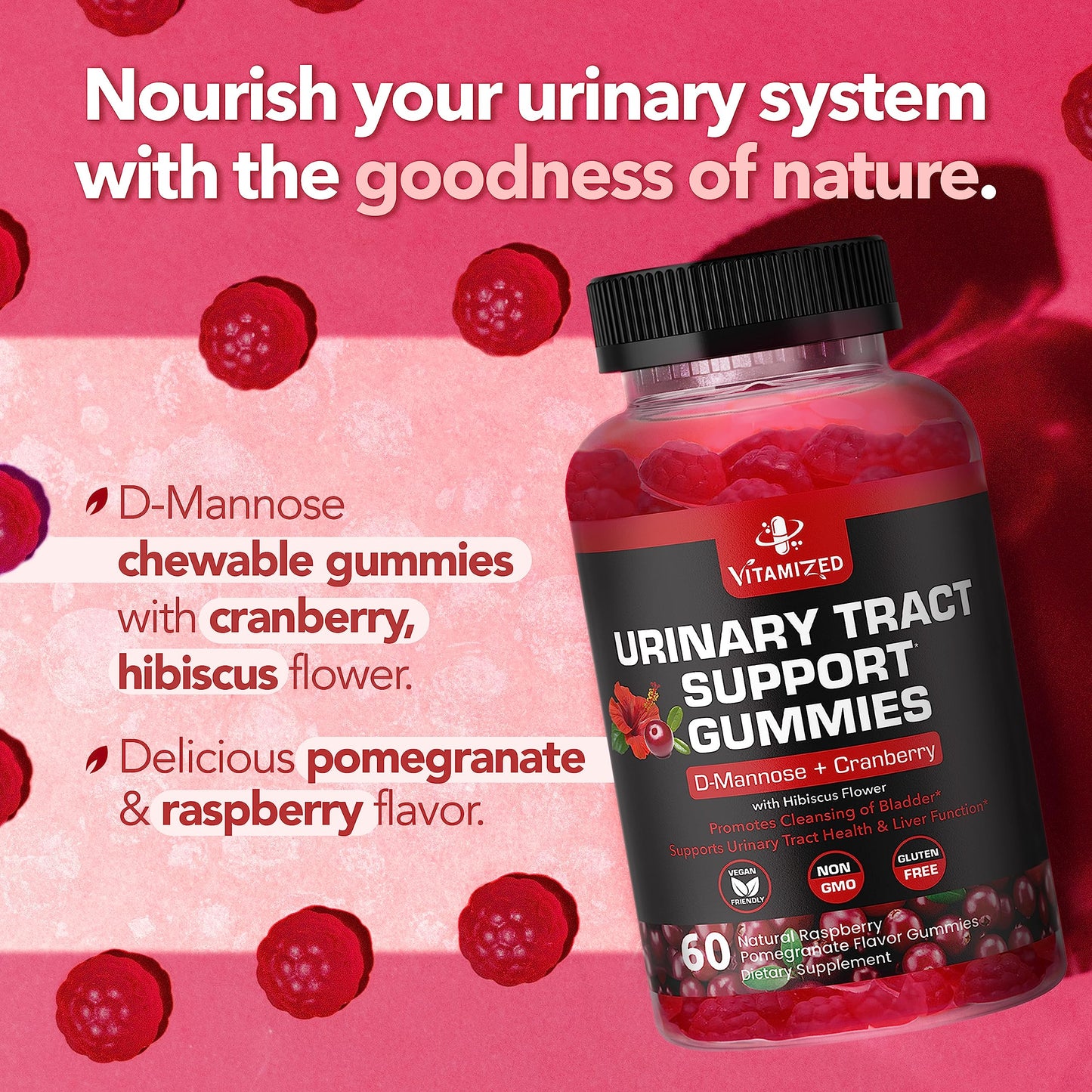 VITAMIZED Cranberry Gummies 1500mg + D-Mannose – Urinary Tract Health (60 Count)