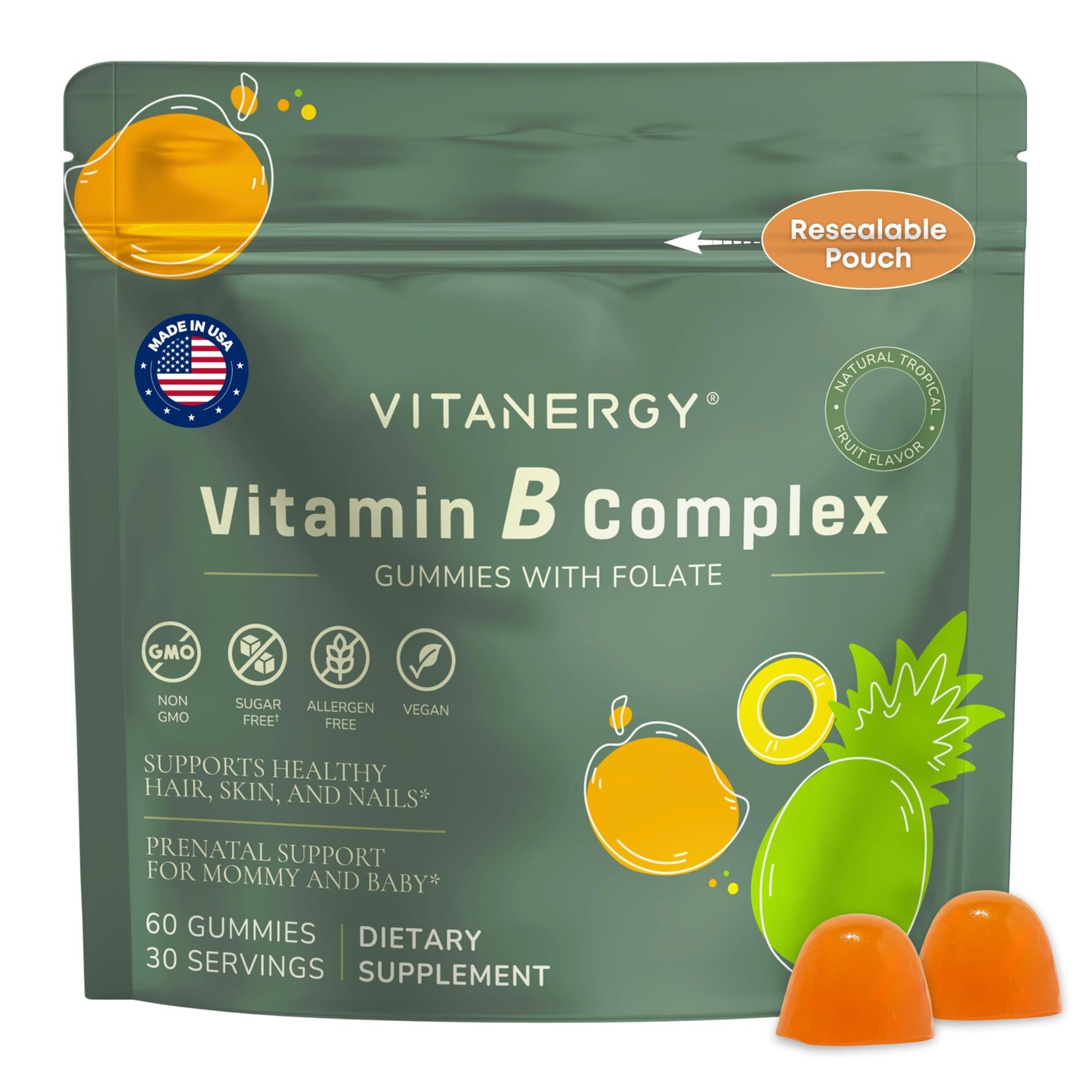 Vitanergy Vitamin B Complex Gummies for Women - 7 Essential Vitamins and Iron, Energy, Immune, Prenatal Support, Portable Pouch, Tropical Flavor, Made in USA, 60 Count