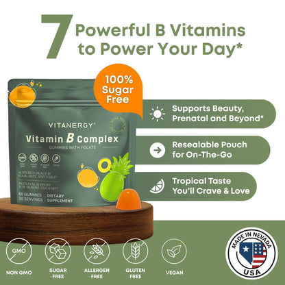 Vitanergy Vitamin B Complex Gummies for Women - 7 Essential Vitamins and Iron, Energy, Immune, Prenatal Support, Portable Pouch, Tropical Flavor, Made in USA, 60 Count