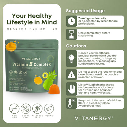 Vitanergy Vitamin B Complex Gummies for Women - 7 Essential Vitamins and Iron, Energy, Immune, Prenatal Support, Portable Pouch, Tropical Flavor, Made in USA, 60 Count