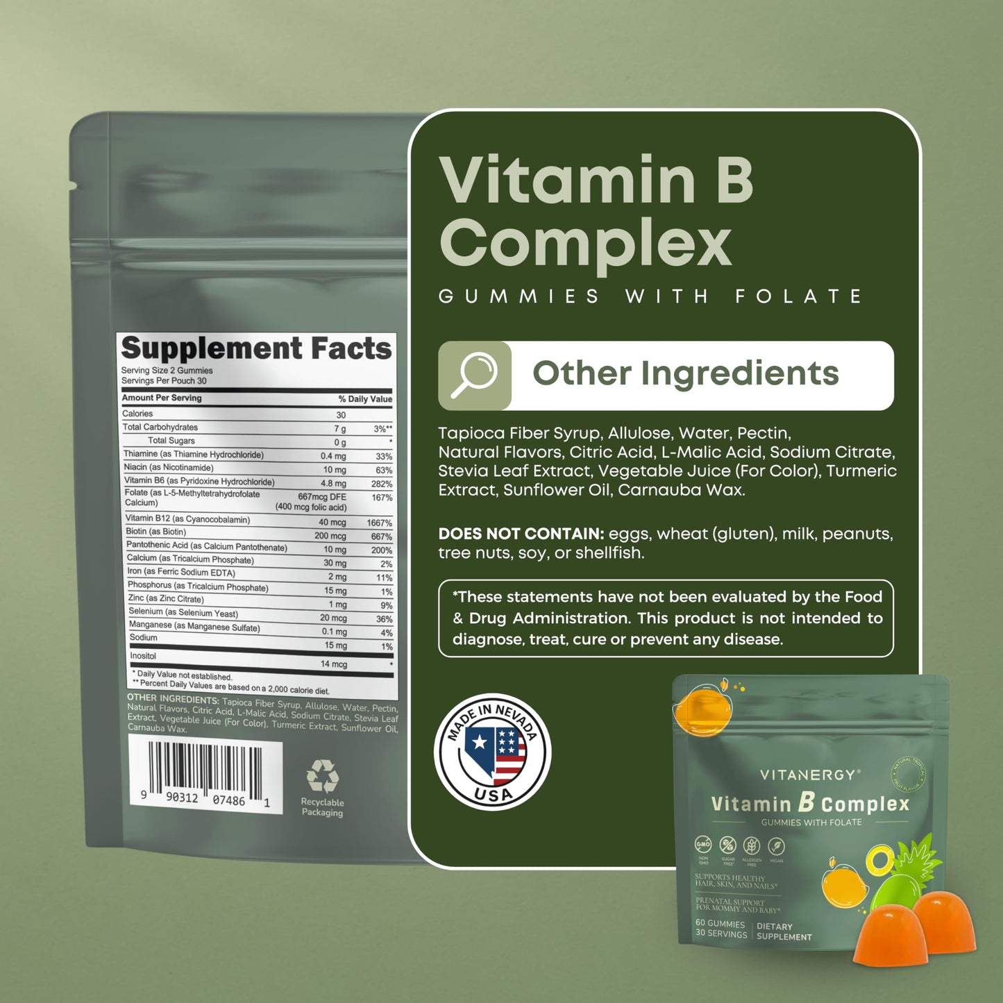 Vitanergy Vitamin B Complex Gummies for Women - 7 Essential Vitamins and Iron, Energy, Immune, Prenatal Support, Portable Pouch, Tropical Flavor, Made in USA, 60 Count