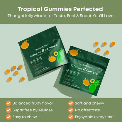 Vitanergy Vitamin B Complex Gummies for Women - 7 Essential Vitamins and Iron, Energy, Immune, Prenatal Support, Portable Pouch, Tropical Flavor, Made in USA, 60 Count