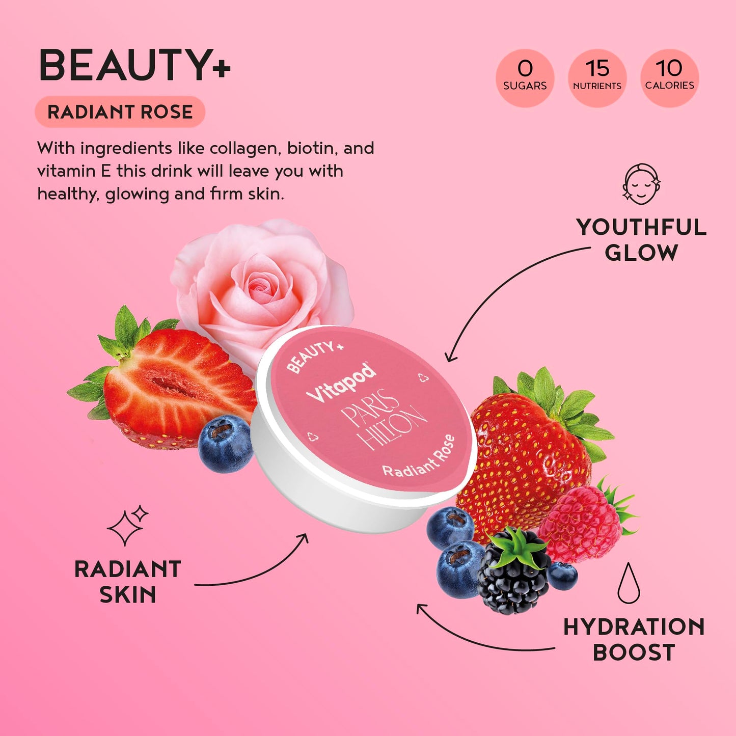 Vitapod Paris Hilton x Beauty+ Radiant Rose – Sugar-Free Drink Mix, 7 Pods, 10 Calories