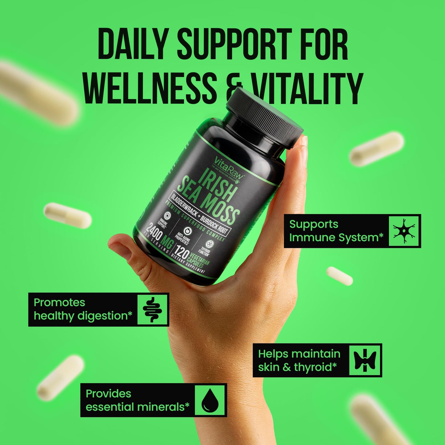 VitaRaw Organic Irish Sea Moss Capsules 2400 mg - Immune, Joint & Gut Health Support