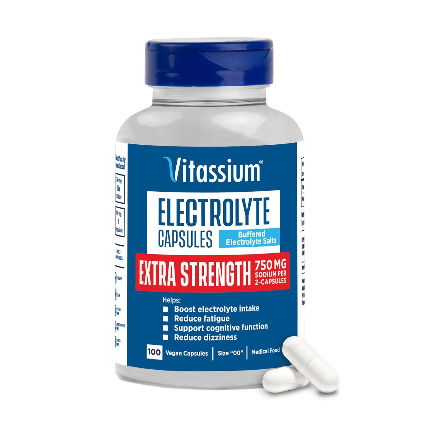 Vitassium Extra Strength Electrolyte Capsules – 750mg Sodium for POTS Support, Unflavored, 100 Pills (Size 00)