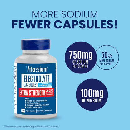 Vitassium Extra Strength Electrolyte Capsules – 750mg Sodium for POTS Support, Unflavored, 100 Pills (Size 00)