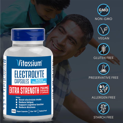 Vitassium Extra Strength Electrolyte Capsules – 750mg Sodium for POTS Support, Unflavored, 100 Pills (Size 00)